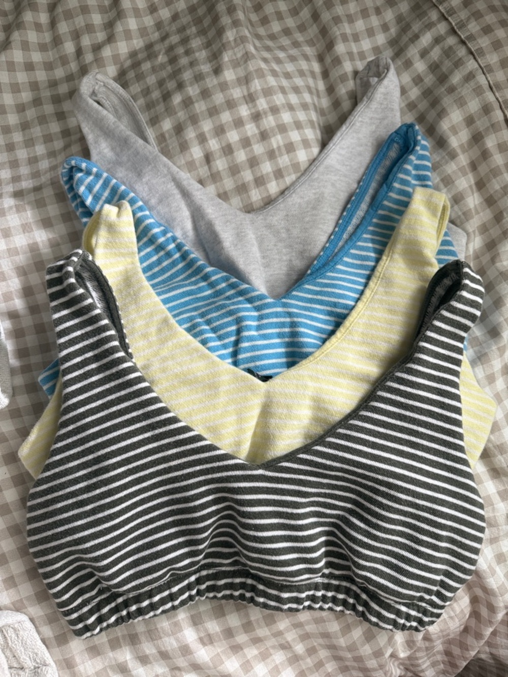 wild fable striped bralette set in gray, blue, yellow, and olive